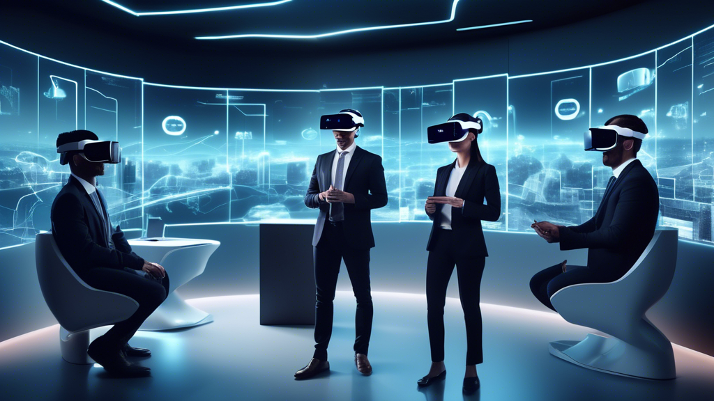 Create an image depicting a futuristic office environment where employees are using advanced VR headsets for business meetings and training sessions. The setting should be a sleek, modern workspace with holographic displays projecting charts and data. Show diverse teams collaborating across virtual platforms, highlighting the seamless integration of emerging VR technologies. Include subtle elements indicating potential challenges, like security symbols or code barriers, and incorporate visual cues for opportunities, such as open doors or ascending pathways, to symbolize growth and adaptability in this tech-driven landscape. Focus on a bright, optimistic atmosphere to reflect the transformative potential of VR business apps in shaping the future workplace.