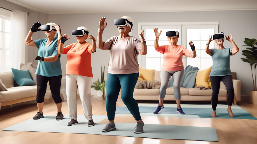 Create an image depicting older adults engaged in a virtual reality workout session using Oculus headsets. The scene is set in a bright, open living room, where a group of seniors are actively participating in a VR fitness program, showing a mix of balance and stretching exercises. The individuals appear enthusiastic and energized, demonstrating improved physical health and mobility. Include diverse backgrounds among the participants to highlight inclusivity. The image conveys a sense of community and vitality, capturing the positive impact of VR technology on physical fitness for older adults.