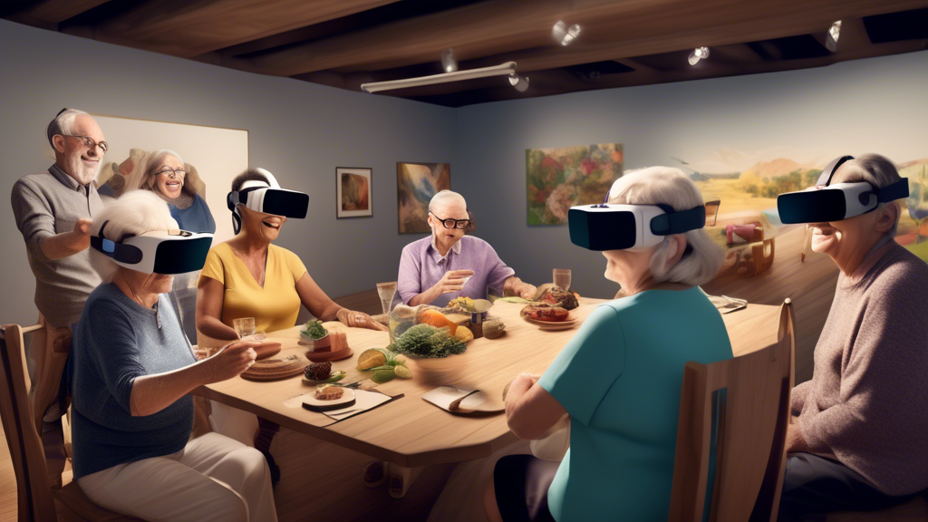 Create an image that showcases a group of older adults using Oculus VR headsets in a virtual gathering space. The scene depicts an array of immersive experiences, such as a virtual family reunion, friends playing a game together, or a shared visit to a digital art gallery. Each individual