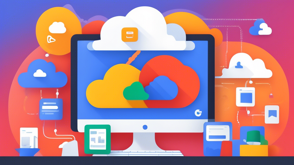 Create an image that visually represents the steps to getting started with Google Cloud Free. The scene should include a computer screen displaying the Google Cloud interface, with a user registering for a free account. Surround the screen with icons symbolizing various Google Cloud services (like storage, computing, and databases) and tools that users can access. Incorporate cheerful and vibrant colors to convey a sense of opportunity and ease of use, emphasizing the accessibility and benefits of starting with Google Cloud Free.
