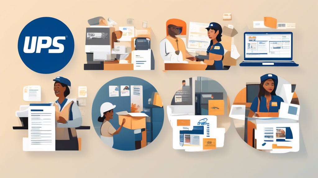 Create an image that showcases the diverse career opportunities available through the USPS eCareer portal. The image should include a collage of various roles offered by USPS, such as administrative positions, logistics, and customer service. Depict these roles with symbolic icons or small scenes, like a person at a desk with documents, a delivery truck in motion, and a staff member assisting a customer. The background should subtly include the USPS colors and logo, emphasizing the variety and accessibility of career paths through this platform.