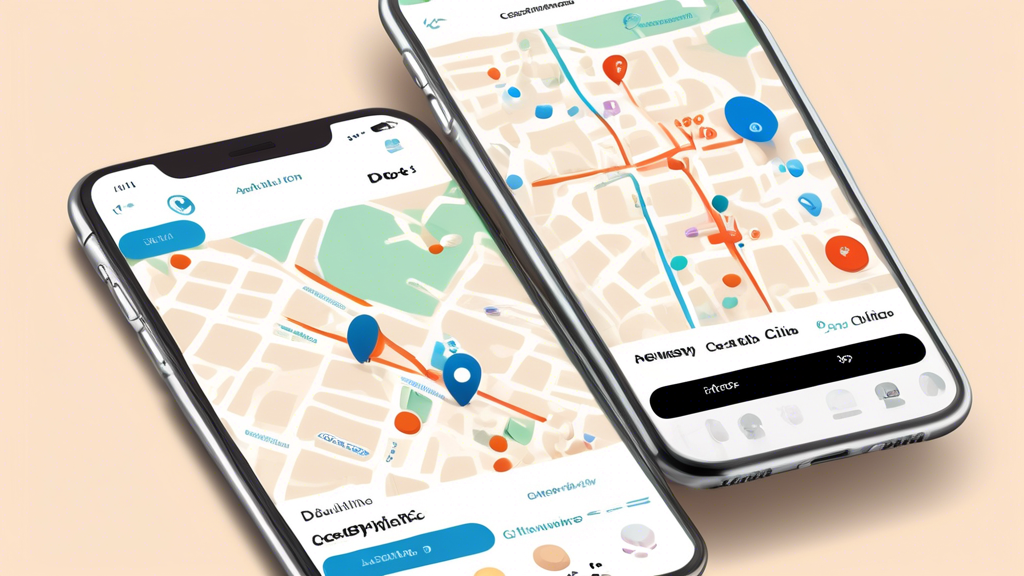Create an image depicting a cheerful, modern map interface on a smartphone, illustrating a search for DOT physical locations nearby. The screen displays several location pins with labels like Certified Clinic and Affordable Prices. The background features a friendly neighborhood, with icons representing a medical clinic, roads, and small businesses, emphasizing accessibility and convenience. The image conveys the idea of easily finding reliable DOT physical services through technology and user-friendly tools.