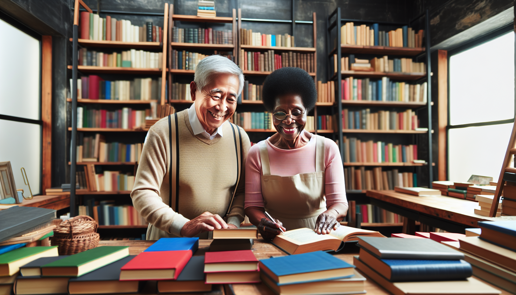 An elderly couple joyfully working at a cozy bookstore, surrounded by shelves filled with books, with a warm and inviting atmosphere.