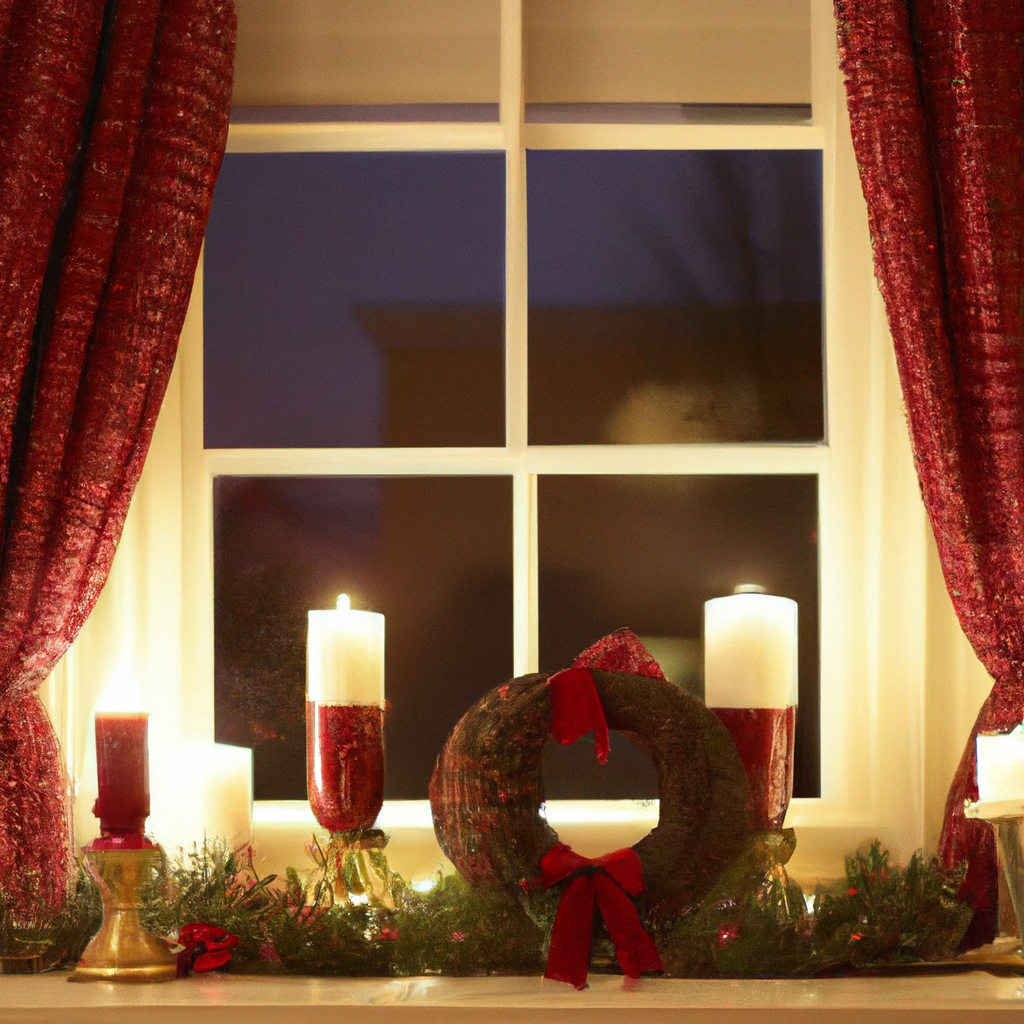 Create an image of a cozy living room decorated for the holidays, showcasing a selection of beautiful holiday window candles. The scene features a variety of candle designs and styles, including elegant brass holders, traditional wax candles with flickering LED flames, and modern battery-operated options in different sizes. Each window is adorned with these glowing candles, casting a warm, inviting light against the frosty window panes. Show popular brand names subtly imprinted on a nearby table, and include a close-up detail of safety features like a timer switch. The overall atmosphere should be festive yet informative, highlighting the diversity and functionality of holiday window candles.