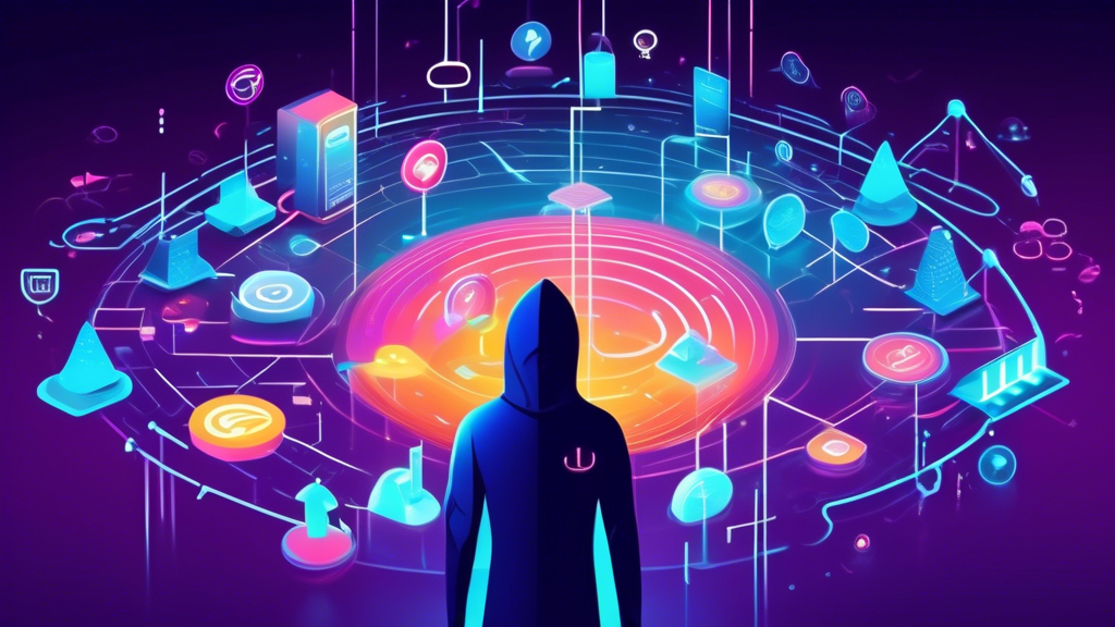 Create an image of a futuristic digital landscape illustrating the concept of online privacy protection. The scene should feature symbols of essential privacy tools such as VPN icons, encrypted data streams, and secure browsing shields hovering around a central digital user. The digital environment should have glowing, cybernetic features to emphasize advanced technology, with colorful data streams creating a web of protection around the figure. The atmosphere should evoke a sense of security and sophisticated digital defense, highlighting the importance of online privacy tools and techniques.