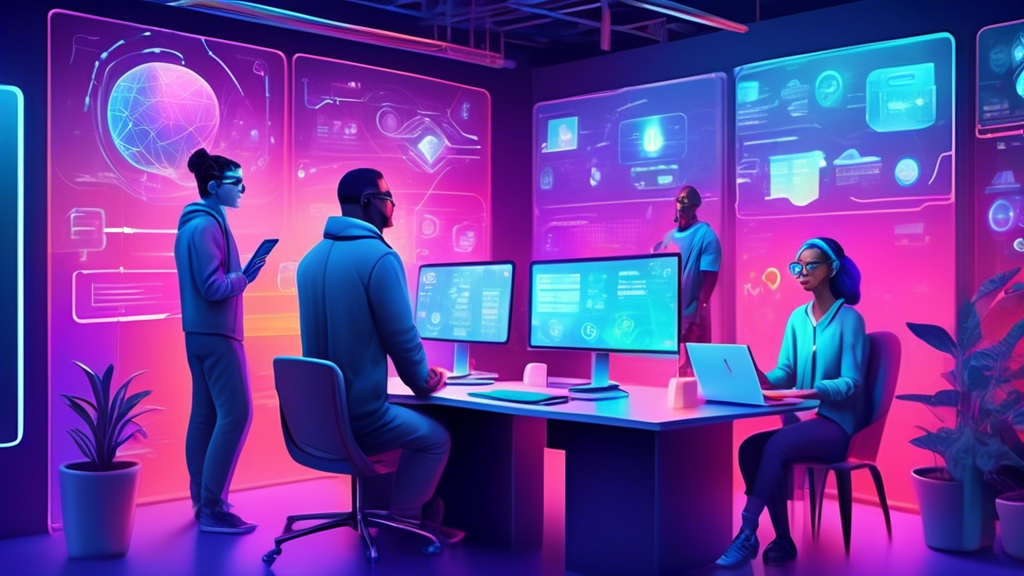 Create an imaginative illustration depicting a futuristic digital environment where individuals are actively managing their online privacy. This vibrant scene includes a diverse group of people at various workstations, each engaging in distinct proactive measures for maintaining long-term online privacy. Show elements like holographic interfaces displaying routine software updates, a large digital board displaying password change reminders, and an interactive display updating users on the latest privacy threats. Emphasize a sense of community and shared vigilance in this tech-driven space, highlighting the crucial role of adaptability in safeguarding personal information. Include keywords like best online privacy subtly integrated into the design to underscore the theme.