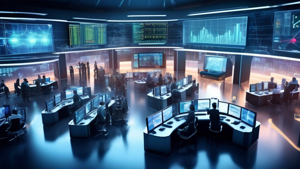 Create an image depicting a futuristic trading floor that combines elements of both forex and cryptocurrency markets. The scene should emphasize technological advancements with a focus on blockchain technology, artificial intelligence, and big data. Include digital holographic displays showing real-time market data, traders using advanced tools for analyzing trends, and a prominent representation of technological safeguards like digital wallets and encryption symbols. The environment should be dynamic, visually capturing the transformation of trading through digital innovation.