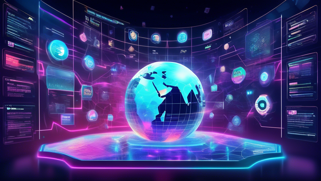Create an image that depicts a dynamic digital bulletin board filled with floating holographic elements representing recent news and updates about Bittrex Exchange. Include icons and symbols of various cryptocurrencies, representing new listings, alongside vibrant connections symbolizing strategic partnerships. Visualize the evolution of the platform through futuristic design elements like blockchain patterns and market trend graphs. Illuminate the scene with a soft, digital glow, capturing the essence of technological progress and its impact on traders in the crypto industry.
