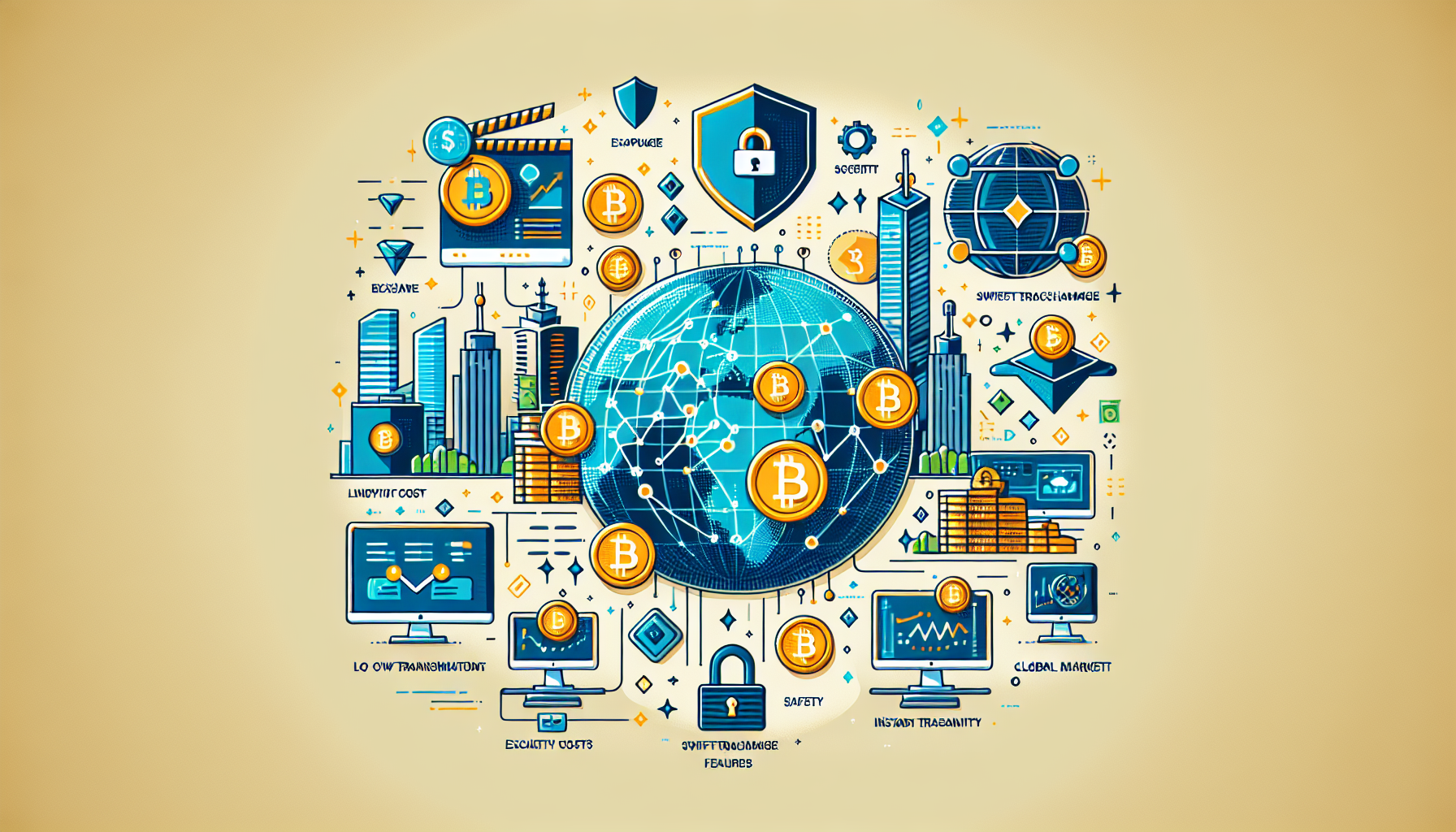Create an image that visually represents the key advantages of Uphold Exchange. Focus on illustrating its unique features such as low fees, high security, instant swapping capabilities, and access to global markets. The image should convey a sense of innovation and reliability, highlighting how Uphold stands out among other cryptocurrency exchanges. Include symbolic elements like digital coins, a secure shield, fast transaction arrows, and a globe to emphasize global market access. Use a modern and clean design style to reflect the cutting-edge nature of the platform.