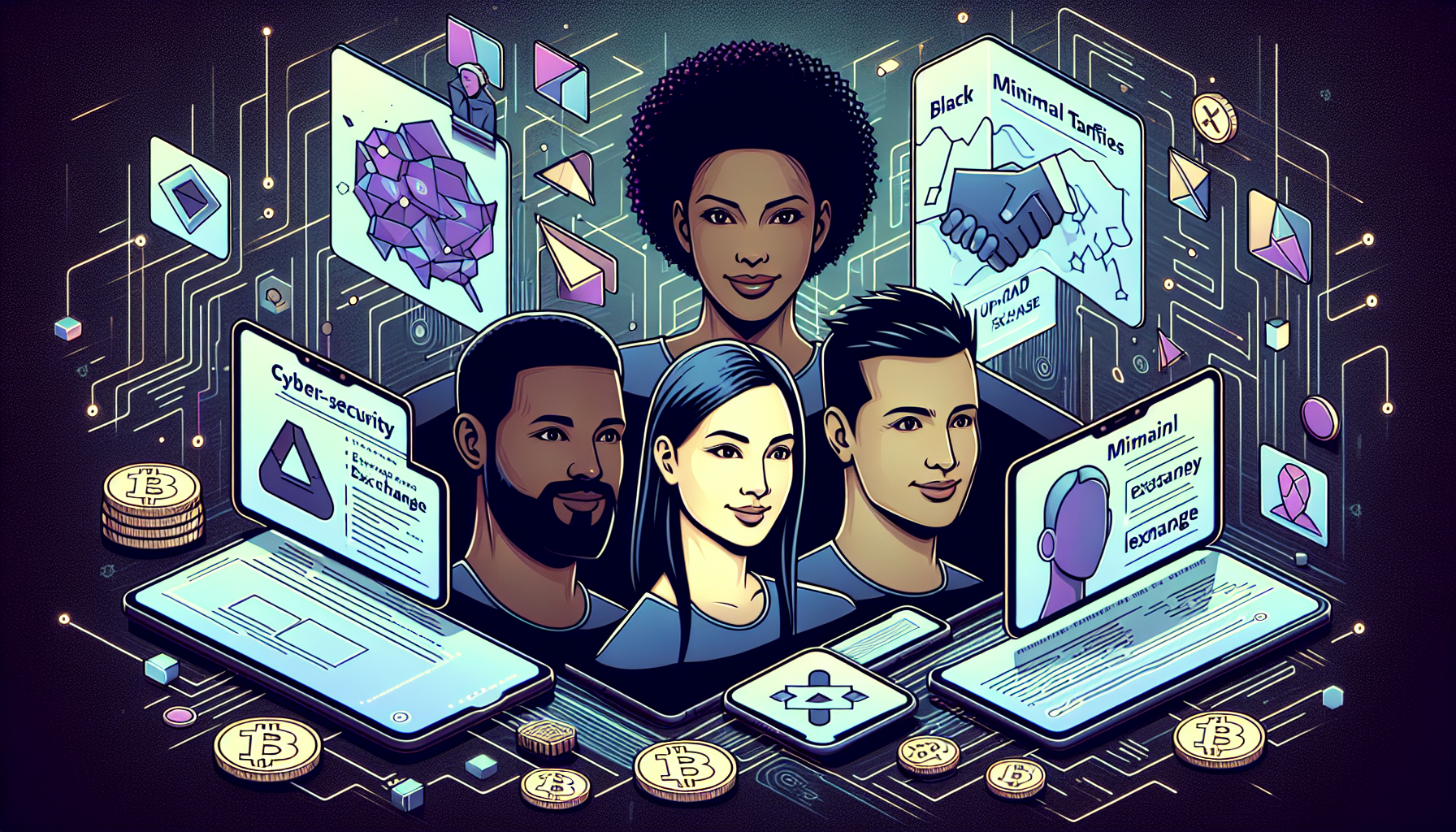 Create an image that depicts a diverse group of people, each with a speech bubble sharing their experience using the Uphold Exchange platform. The setting is a modern, digital-themed environment, with computers and smartphones displaying the Uphold interface. Some speech bubbles include positive comments about the platform