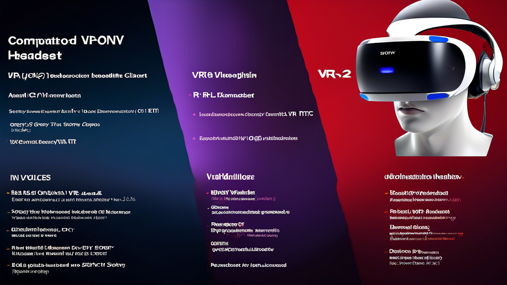 Create an image showcasing a detailed comparison of the Sony VR 2 headset against key competitors like Oculus and HTC in the VR market. The image should present a side-by-side lineup of the headsets, highlighting their distinct features with visual icons and annotations. Include elements that represent technological innovations, such as enhanced graphics for the Sony VR 2, along with price tags illustrating their market positions. Include customer ratings or comments as floating elements to depict consumer perceptions and reviews, offering insights into the perceived value and reception of each VR headset. The setting should be a sleek, modern tech store with a futuristic ambiance to emphasize innovation and competition.