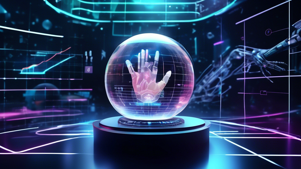 Create an image of a futuristic, tech-infused crystal ball held by a robotic hand, with holographic charts and graphs floating around it. This symbolizes the prediction and trends of the Sony VR 2 price, showcasing futuristic technology upgrades and market dynamics. The background should be a sleek, modern setting, with subtle hints of VR equipment and digital interfaces to emphasize the theme of the evolving VR industry. The atmosphere should be a mix of curiosity and innovation, illustrating the anticipation for what the future holds for Sony VR 2 pricing.