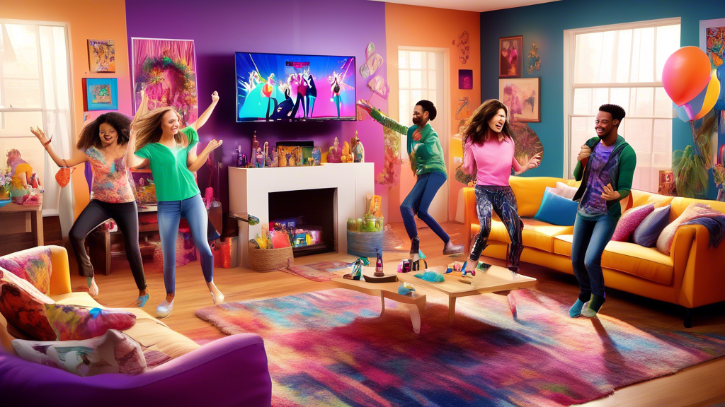 Create an engaging and vibrant image showcasing a lively living room scene where friends are enjoying a Just Dance party on PlayStation 4. Include multiple players dancing enthusiastically in front of the TV, with colorful game graphics displayed on the screen. Feature recommended accessories like motion controllers and a comfortable gaming setup. Add playful elements such as party decorations, snacks, and drinks to emphasize the multiplayer fun and festive atmosphere. Include diverse characters of different ages and skill levels, showcasing inclusivity in gaming.