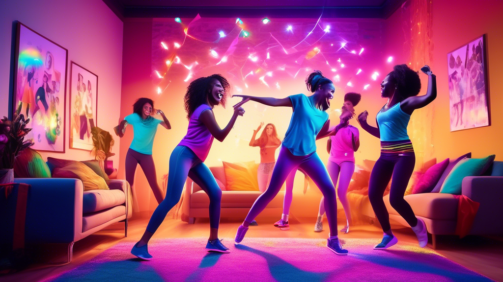 Create an image of a vibrant living room scene where a diverse group of friends is enjoying a lively Just Dance session on a PlayStation 4. The room is filled with colorful lights, dance trophies, and energetic decorations that evoke a party atmosphere. Include a visual representation of physical fitness, like fitness trackers or exercise gear, in the background, highlighting the health benefits of dancing. Capture the joy and excitement of social interaction, with people laughing, dancing, and cheering each other on as they engage with the game. Showcase the PlayStation 4 console prominently in the scene, emphasizing its role in modern gaming experiences.