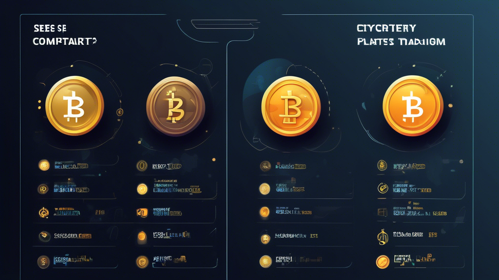 Create an image depicting a side-by-side comparison chart of various top cryptocurrency trading platforms. The chart should include key features such as fees, security measures, and user experience ratings. Incorporate visual elements like icons representing security (e.g., a lock), user interface (e.g., a computer screen), and a dollar sign for fees. The background should be abstract, featuring digital currency symbols and graphs to convey the theme of cryptocurrency trading. The overall design should be modern and informative, capturing the essence of making informed choices in crypto trading platforms.
