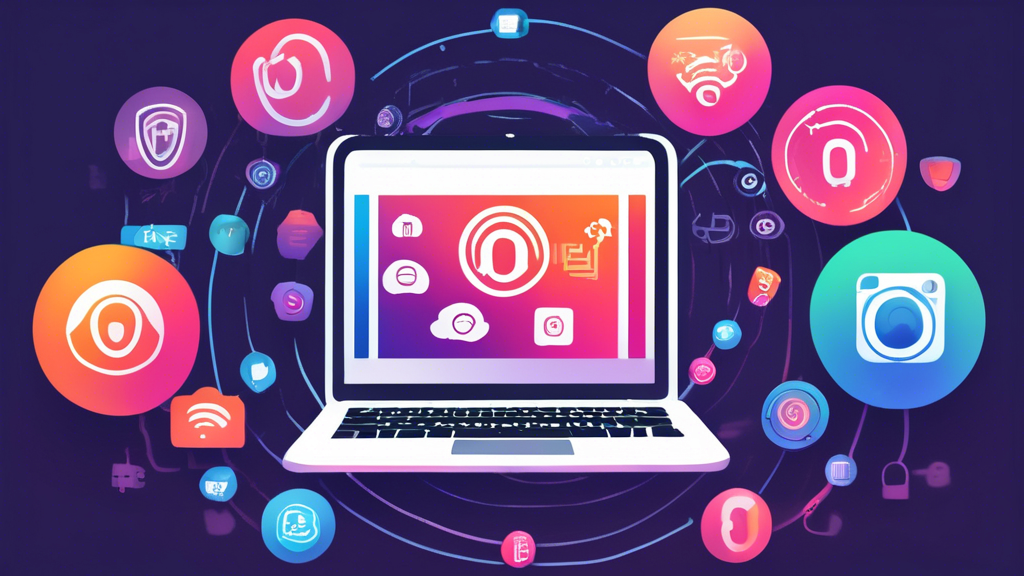 Create an image showcasing various methods to access an unblocked Instagram site, featuring graphic representations of VPNs, proxy servers, and specialized software. The scene should display a dynamic setup with devices like laptops, smartphones, and tablets, each showing an Instagram interface being accessed successfully. Include icons or symbols representing security, speed, and reliability to illustrate the pros and cons of each method. The background should have a digital, futuristic aesthetic, suggesting advanced technology and seamless connectivity. Incorporate the phrase 