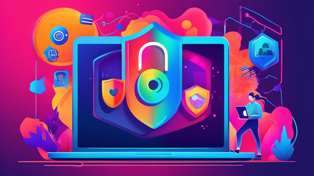 Create an image that visually represents the theme of maintaining privacy and security while accessing an unblocked Instagram site. The scene should depict a person comfortably browsing Instagram on a laptop, with a colorful and abstract representation of a protective digital shield surrounding them. The background should be filled with symbols of security and privacy, such as padlocks, secure connections, and internet network nodes, to emphasize their browsing safety. Integrate subtle elements like VPN and proxy server icons to hint at the tools used for unblocking. The overall color scheme should be modern and tech-inspired, reflecting a sense of security and forward-thinking approach while maintaining access to Instagram.