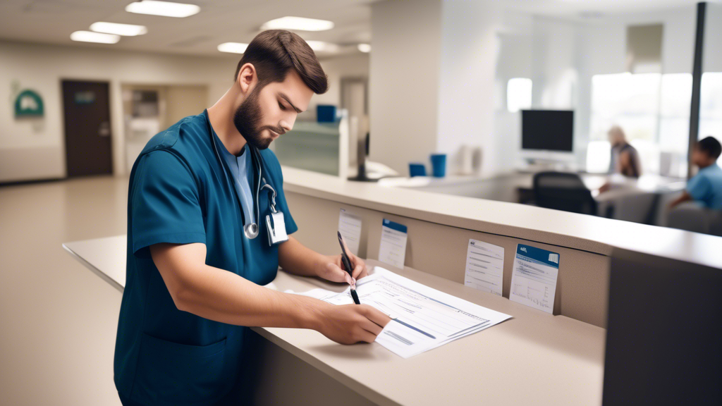 Create an image depicting a commercial driver confidently filling out paperwork for a DOT medical card application at a clinic reception desk. The scene should include a visible calendar showing the date of the appointment, a checklist of required documentation, and a doctor’s office in the background. The setting should convey organization and efficiency, emphasizing steps like scheduling and the importance of documentation in the smooth processing of the DOT medical card application. Include elements like a pen, a clipboard, and a subtly branded DOT medical card brochure on the desk to guide viewers on the step-by-step process.