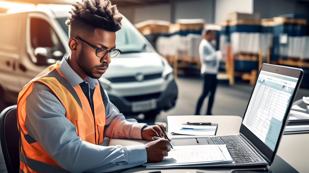 Create an image depicting a commercial driver in a professional setting, diligently organizing paperwork related to the renewal of a DOT medical card. The scene includes an open planner marked with a renewal date, a laptop displaying DOT compliance regulations, and medical forms neatly stacked in the background. The driver, appearing focused and attentive, is surrounded by reminders of periodic medical assessments and health check-up checklists, illustrating the process of maintaining and renewing the DOT medical card for continuous compliance. Include elements that convey the importance of staying updated with DOT regulations for a successful commercial driving career.