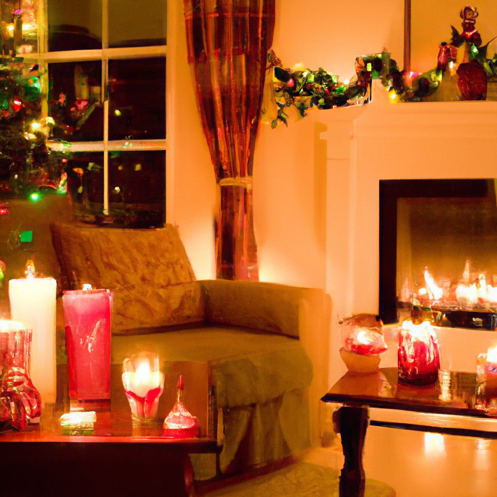 Create an image that showcases a cozy living room adorned with Christmas tea lights, highlighting the top benefits of using them for a festive ambiance. The room should be bathed in their warm, inviting glow, with an emphasis on both battery-operated and LED tea light options to illustrate their eco-friendly and safe use. The scene captures the charm they bring, with reflections of light dancing off ornaments and decorations, embodying the essence of a warm holiday atmosphere.