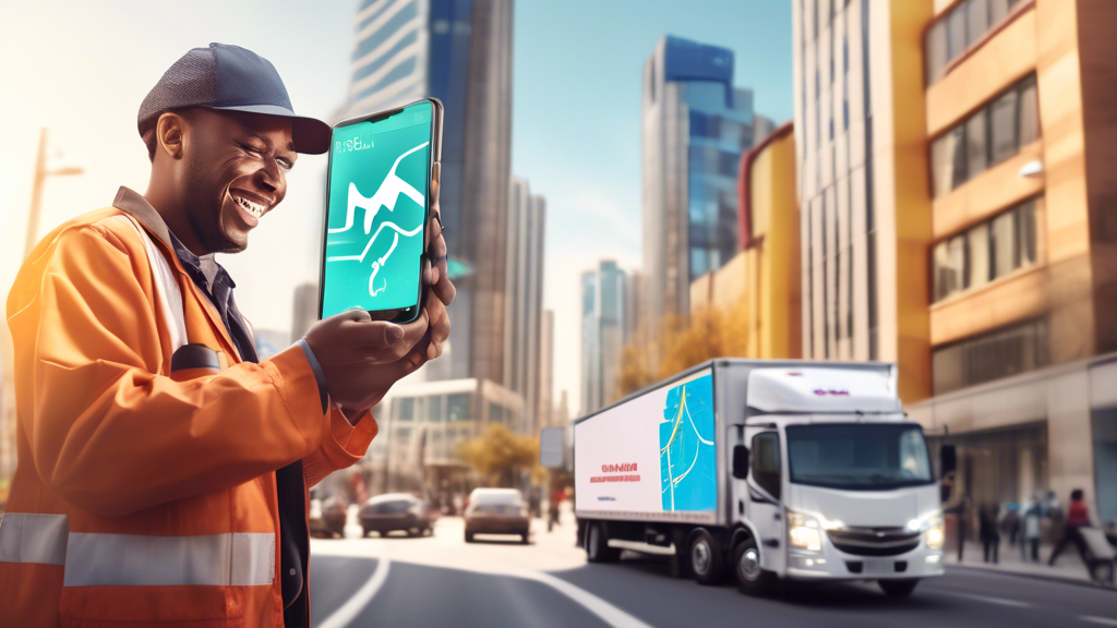 Create an image showcasing a modern, bustling urban setting where a commercial truck driver is looking at their smartphone with a delighted expression. The phone screen displays a map location pin and icons representing CDL Medical Card Doctors Near Me. In the background, a well-organized cityscape conveys accessibility and efficiency, highlighting elements like digital billboards and directional signs pointing towards different medical facilities. The driver is standing beside a neatly parked semi-truck, emphasizing their need for a CDL medical card. The overall atmosphere should be vibrant and informative, suggesting ease of access to certified medical examiners via technology.