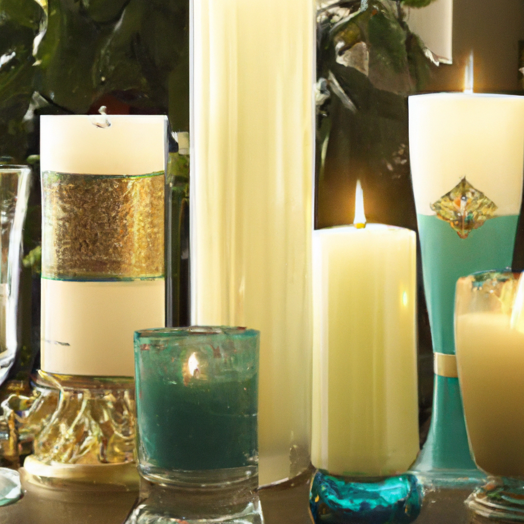 Create an image featuring a cozy, festive living room setting that showcases an array of beautifully designed Christmas candle sets. The candles should vary in size and style, with some featuring intricate holiday-themed packaging and others emphasizing simple elegance. The room should be warmly lit by the candles