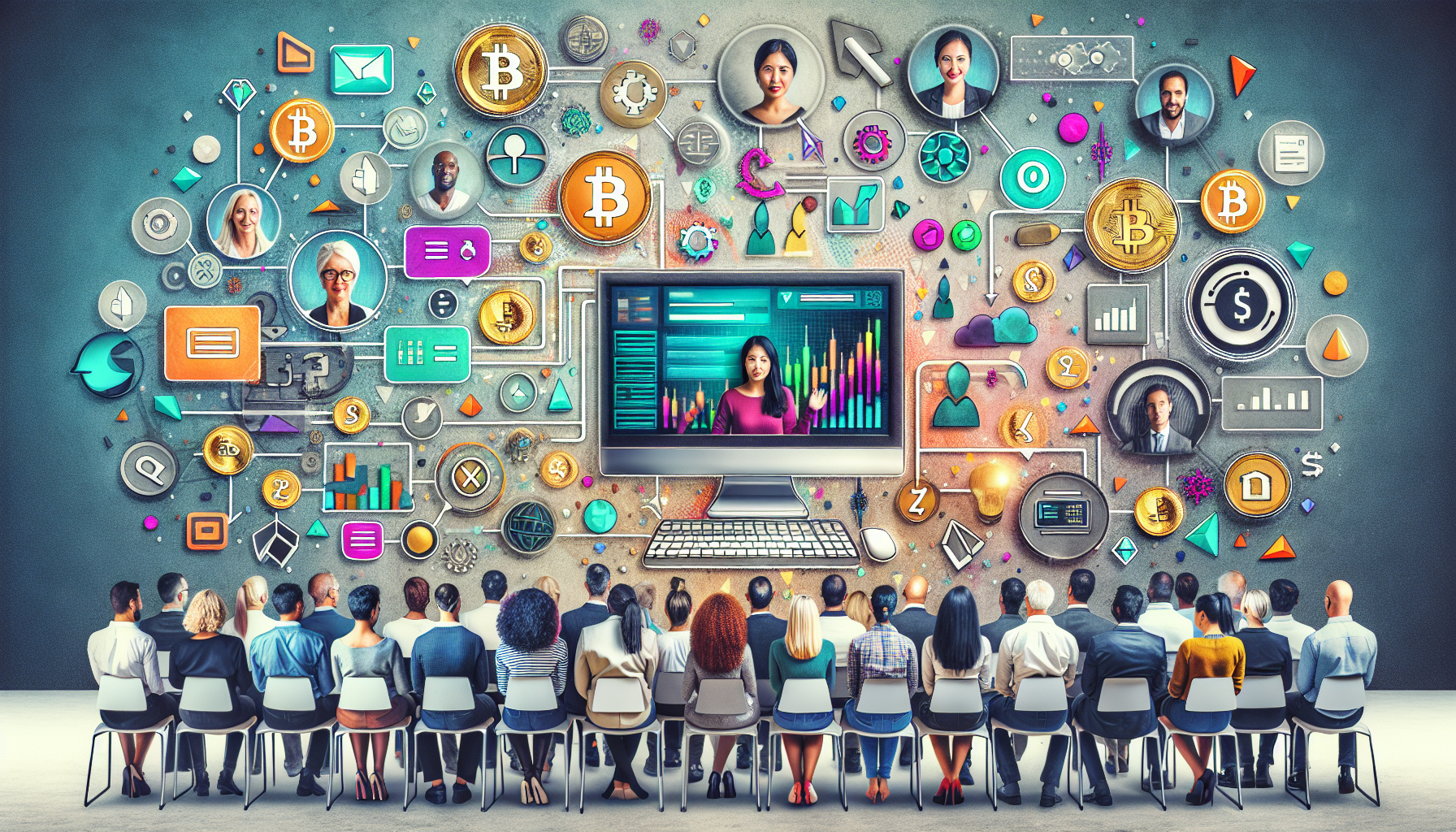 Create an image depicting a diverse group of traders, both beginners and experienced, engaging with the Okex Exchange platform. The scene should showcase a user-friendly interface on a computer screen, illustrating its intuitive features that cater to newcomers. Surrounding the screen, display elements that represent advanced trading tools for professional traders. Include icons or symbols of loyalty programs and bonuses, symbolizing the incentives offered by Okex to reward its users. Ensure the atmosphere conveys a sense of innovation and accessibility in the world of cryptocurrency trading.