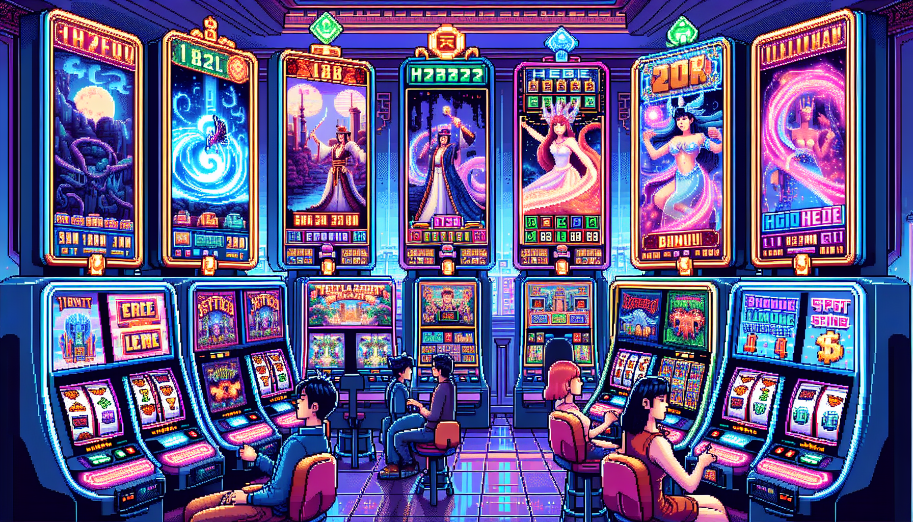 Create an image depicting a vivid and dynamic casino environment showcasing modern video slots. The mood should be vibrant and exhilarating, capturing the essence of an immersive gaming experience. Feature a variety of video slot machines with digital displays illustrating diverse themes, such as a mystical fantasy world and a bustling cityscape. Incorporate visual elements like bonus rounds, animated free spin wheels, and colorful multiplier graphics on the screens. Surround the scene with neon lights and a lively atmosphere, and include people engaged and enjoying the games to emphasize the entertainment value and captivating nature of video slots.