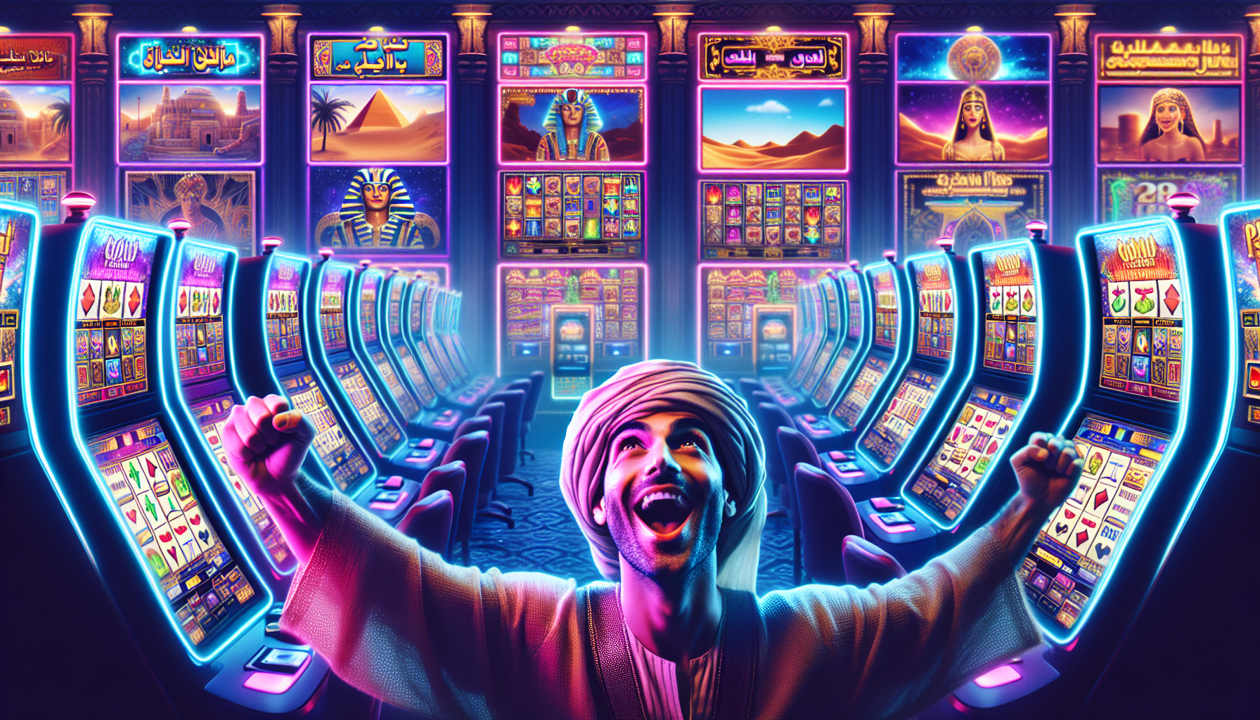 Create an image of an enthusiastic player in a dimly lit casino surrounded by the bright and colorful displays of video slot machines. The player is intently studying the screens filled with diverse themes, from ancient Egypt to vibrant fantasy worlds, each machine enticing with vivid graphics and dynamic soundtracks. The player