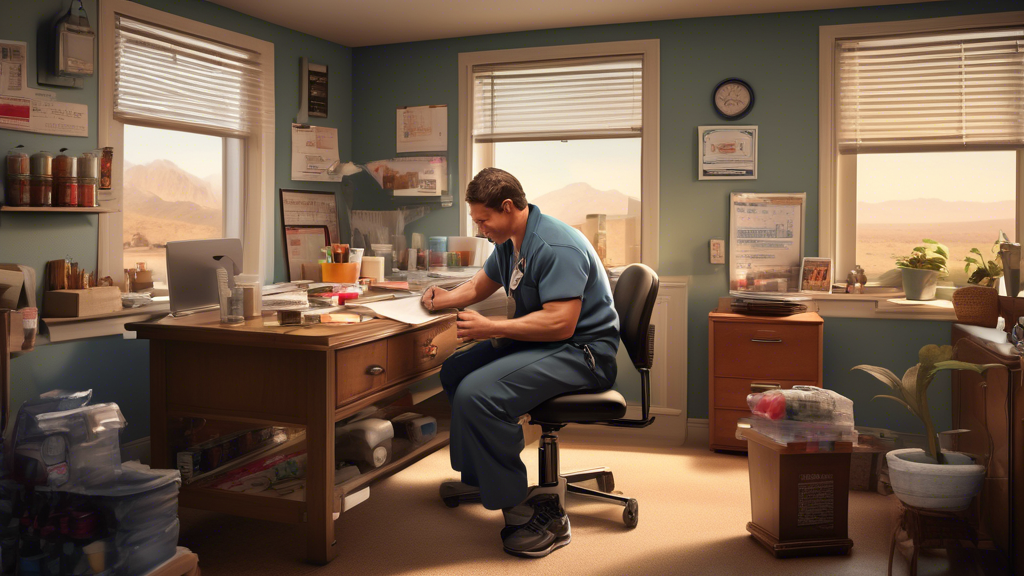 Create an image that portrays a truck driver diligently preparing for a physical exam. The scene includes a tidy and well-lit home office or personal space where the driver sits at a desk reviewing preparation materials. The room is decorated with motivational posters about health, realistic depictions of a balanced diet with healthy foods on one side, a pair of running shoes and a weights set indicating exercise, and a calm ambiance showcasing a comfortable chair and a neat workspace. There is also a calendar on the wall marked with exercise schedules and a notebook filled with organized notes about the exam components. The truck driver looks focused and determined as they prepare for their exam, with a glimpse of a parked truck visible through the window to symbolize their career.