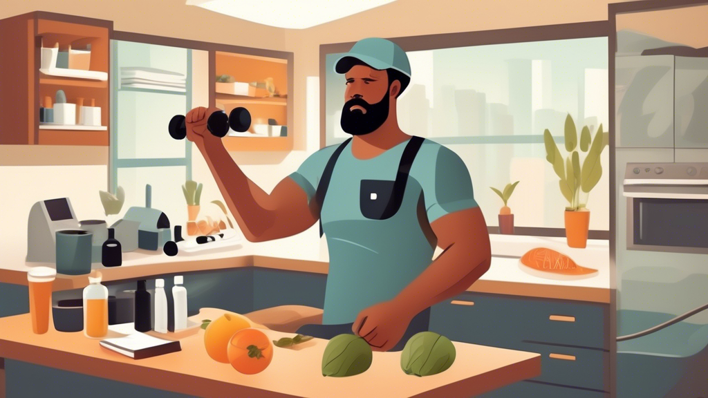 Create an image that illustrates a scene of a truck driver maintaining healthy lifestyle habits after passing a physical exam. The driver is engaged in various wellness activities, such as exercising in a gym with weights and a treadmill, preparing a nutritious meal by a compact kitchen in their truck, and practicing stress-reduction techniques like meditation. Include a visual element that suggests periodic health checks, such as a calendar with highlighted dates for medical appointments. The image should reflect a sense of balance and wellbeing, with vibrant colors and a sense of calm focus.