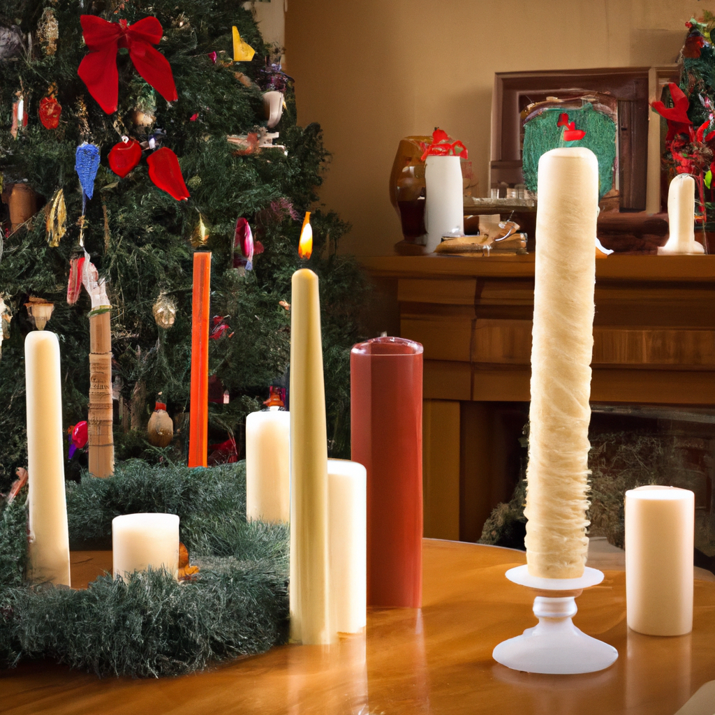 Create an image that showcases a cozy living room during the holiday season, filled with creative and elegant uses of Christmas tree taper candles. The room is adorned with rich holiday decorations that suggest a warm and festive atmosphere. The focus is on various displays of Christmas tree taper candles: some are elegantly placed on a rustic wooden mantel surrounded by evergreen garlands and pinecones, while others are integrated into a modern centerpiece on a dining table, creating a sophisticated arrangement of mixed metals and soft candle glow. Additionally, illustrate a DIY project scene where a person is crafting unique candle displays, with step-by-step instructions visible, encouraging a personalized touch. The image should reflect the versatility of these candles in traditional, modern, and rustic settings, highlighting their ability to transform any space into a warm holiday haven.