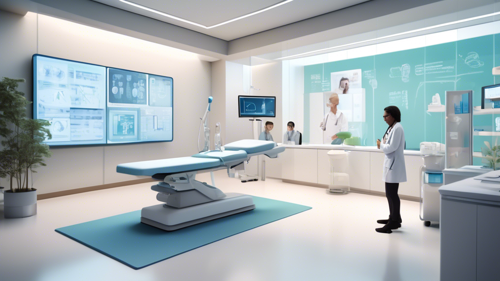 Create an image depicting a modern and serene healthcare setting at The Dot Clinic, where a compassionate doctor is engaging with a patient. The scene should emphasize a personalized care approach, with the doctor attentively reviewing a customized treatment plan on a digital tablet. Incorporate elements that convey a sense of precision medicine, such as a genomic data display or health analytics on a nearby screen. The patient, appearing relaxed and satisfied, should be in a calm and inviting environment, reflecting the patient-centric philosophy and dedication to individualized health needs at The Dot Clinic. Include subtle elements, like soft lighting and modern decor, to enhance the ambiance of advanced, personalized healthcare.