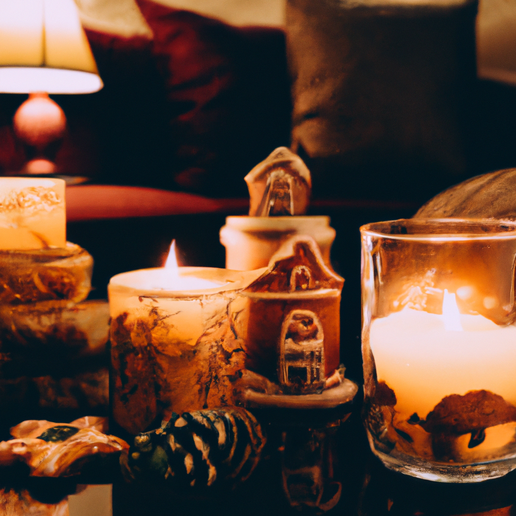Create an image that captures a cozy living room setting adorned with elements of modern home décor trends, featuring a Glasshouse Gingerbread Candle prominently displayed. The candle is lit, emitting a warm glow that complements the inviting aesthetic. The room is styled in such a way that it evokes nostalgia and comfort, with plush textures, soft lighting, and subtle autumnal colors. Include a view that might suggest a customer