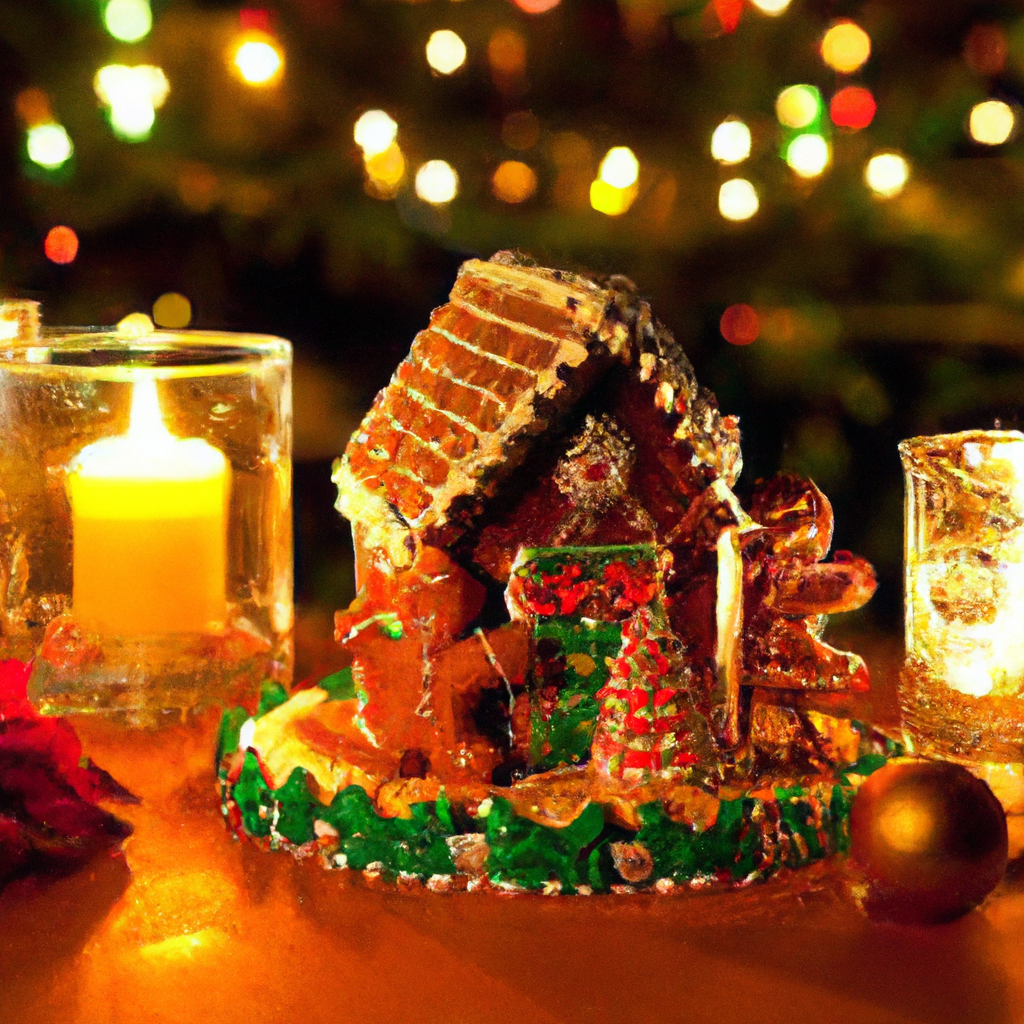 Create an image that captures the essence of a festive holiday scene, featuring a Glasshouse Gingerbread Candle as the centerpiece. The candle should be elegantly designed, with intricate gingerbread motifs on its glass exterior, and placed amidst traditional holiday decorations such as evergreen garlands, twinkling fairy lights, and colorful ornaments. The setting should evoke a warm, inviting atmosphere, suggesting a cozy family gathering space. Include subtle elements like wrapped gifts and a soft snowfall visible through a nearby window, emphasizing the seasonal charm and indispensable role of the candle in holiday traditions and celebrations.