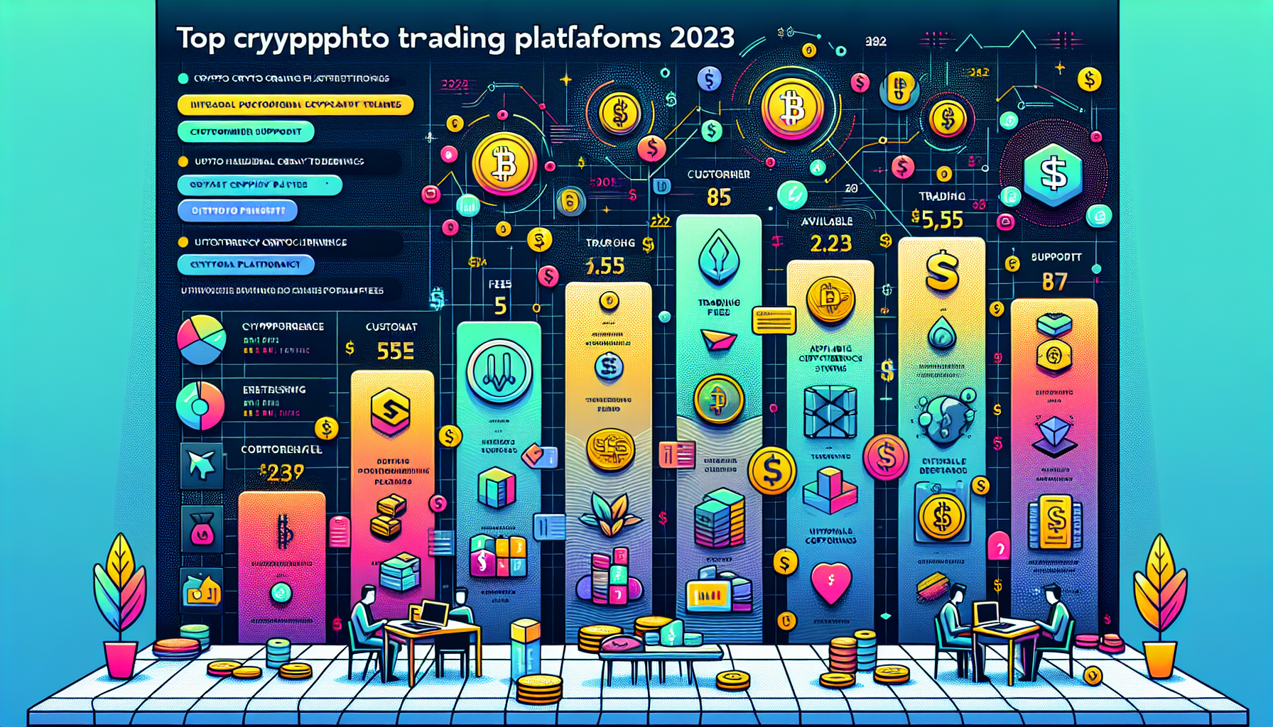 Create an image showcasing a comparison chart of the top crypto day trading platforms for 2023. The chart should feature popular platforms with distinct columns for trading fees, customer support, available cryptocurrencies, and unique offerings. Each platform is visually represented by their logos or icons, with additional illustrative elements like dollar signs and cryptocurrency symbols subtly integrated to highlight trading aspects. The overall design should be modern and tech-savvy, reflecting the cutting-edge nature of crypto trading. Include keywords like Top Crypto Trading Platforms 2023 and Crypto Day Trading Review subtly in the background.