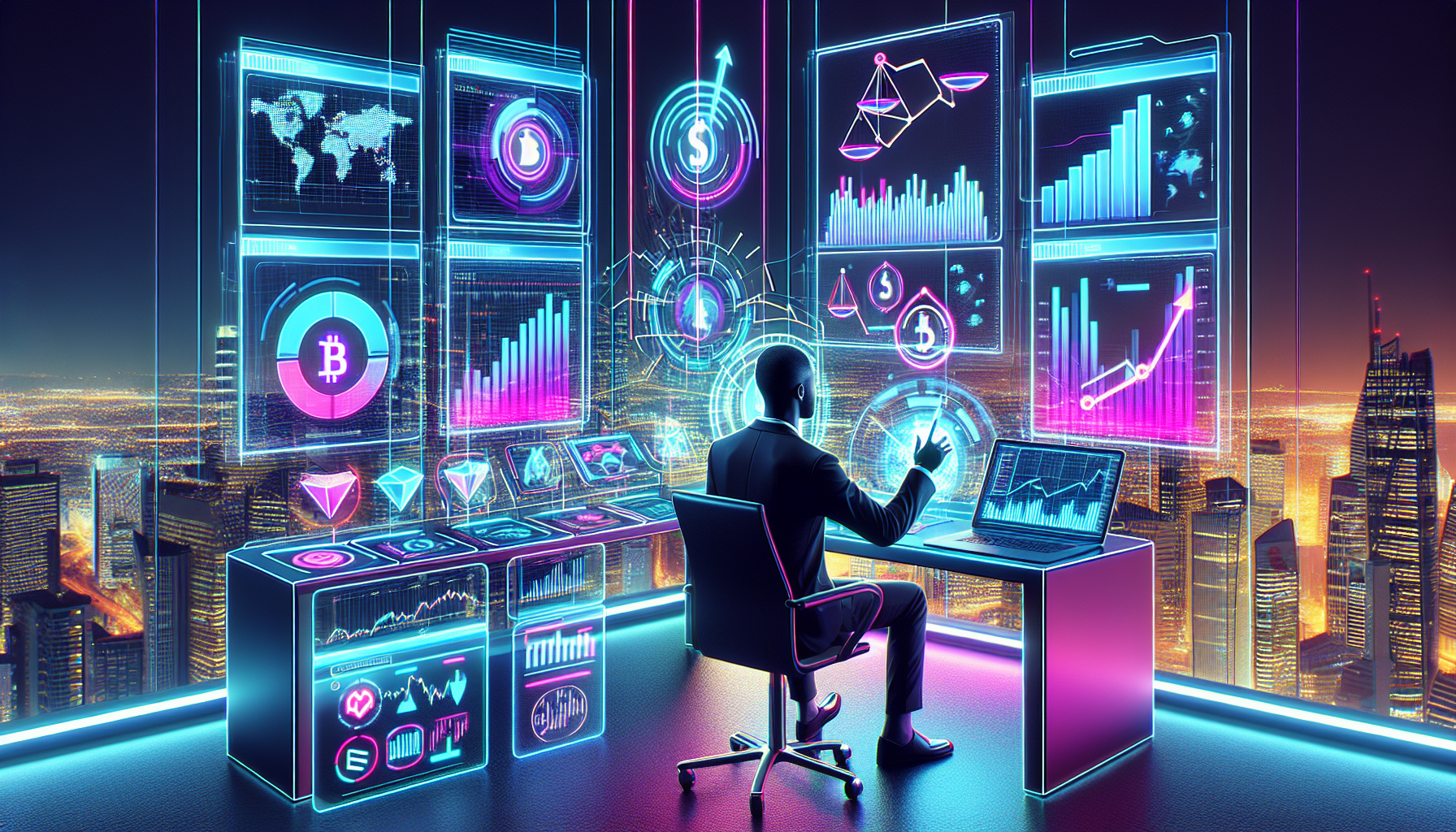 Create an image that depicts a futuristic digital workspace of a crypto day trader. The scene features multiple holographic screens displaying real-time market data, charts, and analytics tools, all set against the backdrop of a bustling city skyline. A trader is seen actively engaging with these holograms using hand gestures, symbolizing the integration of cutting-edge technology in maximizing profits. The environment is sleek and modern, with vibrant neon colors reflecting the dynamic nature of cryptocurrency markets. Incorporate elements that hint at strategies and risk management, such as balance scales or a graph with upward trends. Keywords: crypto day trading platform, maximize trading profits, successful crypto trading tips.