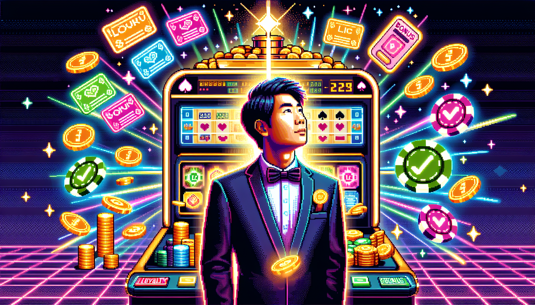 Create an image that visually represents a strategic and successful approach to maximizing casino rewards. The scene shows a savvy casino player on a winning streak, surrounded by floating loyalty cards, vouchers, and bonus icons, symbolizing accrued rewards. In the background, a large glowing jackpot machine displays the words Maximize Your Casino Rewards Potential with stacks of chips and gold coins. The player