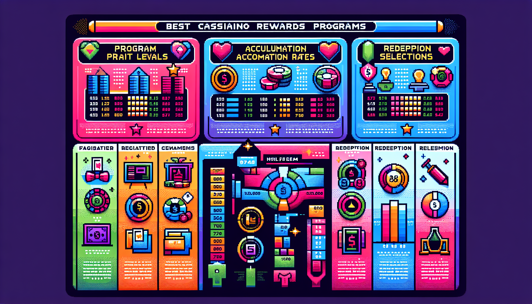 Create an image of a detailed and colorful infographic that compares several popular casino rewards programs. The infographic should highlight key aspects such as program tiers, earn rates, and redemption options. Each section should be visually distinct and include iconography related to casinos such as playing cards, chips, and slot machines. The words Best Casino Rewards Programs should be prominently displayed at the top, with a magnifying glass symbol to emphasize evaluation and selection.