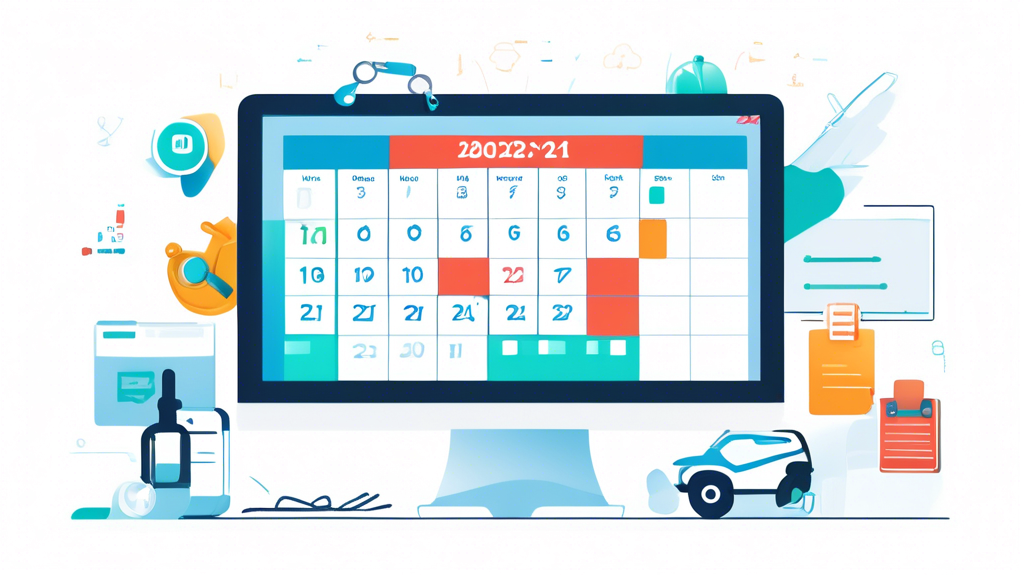 Create an image that depicts a digital calendar on a computer or smartphone screen, open to a month view, with a specific date highlighted in a bright color. Overlay icons of a stethoscope, a clock, and a checklist next to the highlighted date to symbolize medical preparation, time management, and documentation. In the background, faint outlines of commercial vehicles emphasize the context of DOT (Department of Transportation) requirements. The overall image should convey a sense of organization and efficiency in scheduling an important appointment.