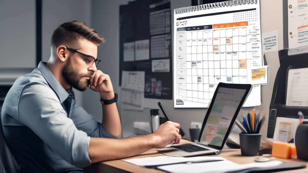 Create an image that illustrates a scene of a commercial driver sitting at a desk, skillfully organizing his calendar and work schedule. He is surrounded by digital tools such as a tablet, smartphone, and a desktop computer, all displaying applications for scheduling and time management. On a bulletin board in the background, a large highlighted note says DOT Medical Card Appointment. The driver appears focused and content, suggesting effective time management and planning. The atmosphere should convey efficiency and a sense of accomplishment.
