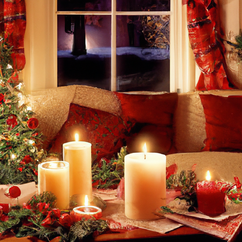 Create an image depicting a cozy winter living room setting adorned with a variety of top-rated winter candles. The candles, from renowned brands, should be placed strategically around the room, enhancing the festive ambiance. Each candle emits unique scents like pine, cinnamon, and vanilla, symbolized by subtle visual cues such as pine branches, cinnamon sticks, and vanilla pods subtly integrated into the scene. Highlight special edition or limited-release winter fragrances that stand out, perhaps with elegant labels or festive packaging. The room is softly lit by the warm glow of these candles, creating an inviting atmosphere perfect for winter evenings. Use SEO-friendly phrases such as top-rated winter candles subtly integrated into the room