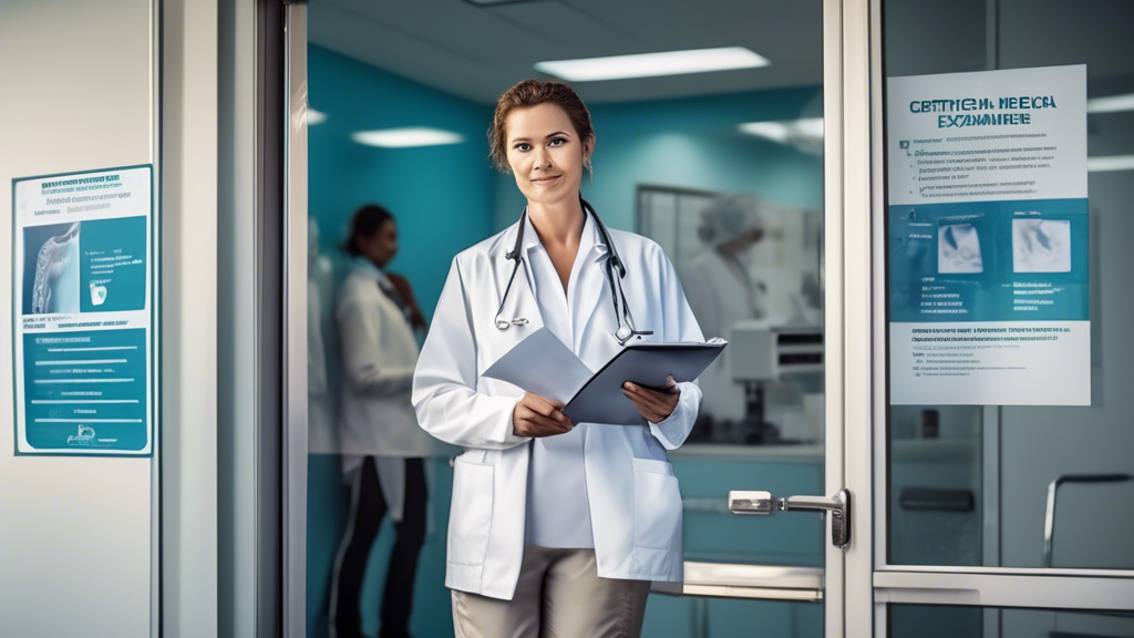 Create an image depicting a commercial driver with a checklist in hand, standing outside a clinic with a CertifIed Medical Examiner sign. The driver looks prepared and confident, with documents ready for a Fed Med Card Physical appointment. Inside the clinic, visible through a transparent door, a friendly medical professional awaits in a well-organized examination room adorned with health-related posters and equipment. The atmosphere is welcoming, and the focus is on preparation and efficiency. Emphasize the keywords Fed Med Card Physical Near Me subtly through signage or informative posters.
