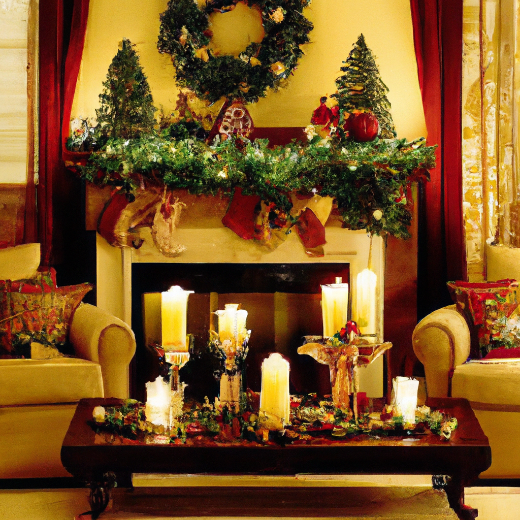 Create an image of a cozy, elegantly decorated living room showcasing a variety of flameless advent candles in different styles and colors. The scene should include classic and modern designs seamlessly integrated into the decor, highlighting features like remote controls and timers. Include elements that emphasize how these candles complement diverse home settings, such as a modern coffee table with a minimalist candle arrangement, a traditional fireplace mantel adorned with candles in holiday hues, and a side table featuring a sleek, contemporary candlestick. Add subtle details like warm, ambient lighting to enhance the atmosphere and demonstrate the versatility of flameless advent candles in creating a festive, safe, and stylish environment suitable for any home.