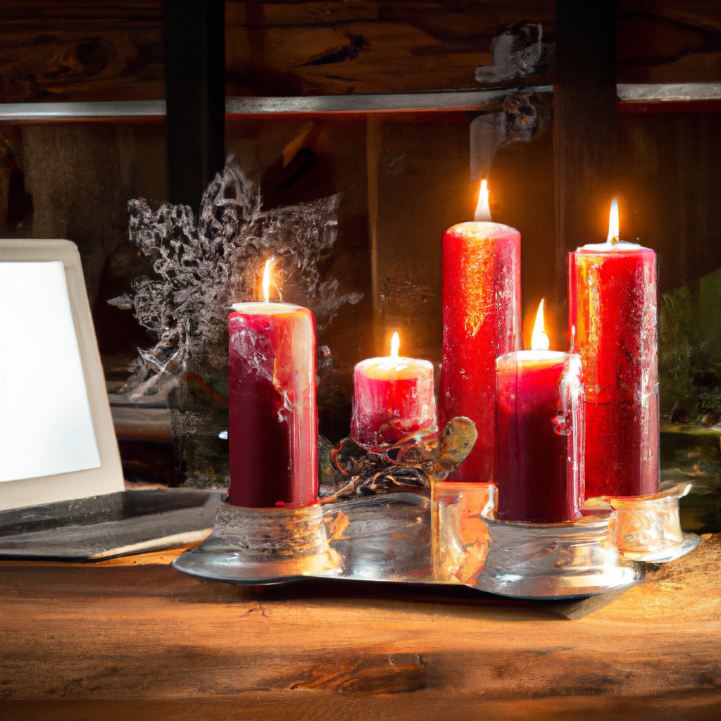 Create an image capturing a cozy Christmas scene featuring a selection of high-quality flameless advent candles displayed on a rustic wooden table. The setting includes soft, ambient lighting, a backdrop of festive holiday decorations, and a laptop open to an online store showing these candles available for purchase. Ensure various candle designs are visible, such as those with remote controls and timers, and highlight the details in materials and craftsmanship. The image should evoke a sense of warmth and convenience, guiding viewers on where and how to choose these stylish yet safe flameless advent candles for their own homes.
