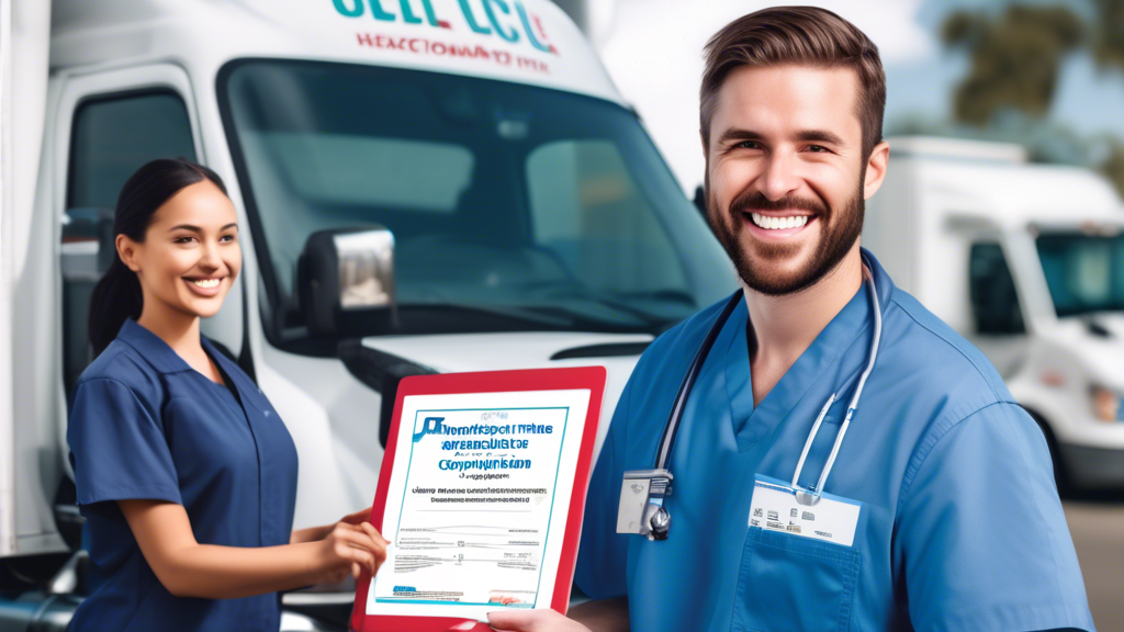 Create an image that depicts a modern urgent care facility. In the foreground, a friendly and professional healthcare practitioner is assisting a satisfied truck driver, who is smiling and holding a certificate of completion for his CDL physical. In the background, show a digital board displaying fast service times and cost-effective pricing. Include testimonials from truck drivers, praising the convenience and flexibility of choosing urgent care for their CDL physicals. The scene should convey an atmosphere of efficiency and satisfaction, with bright lighting and a welcoming environment.