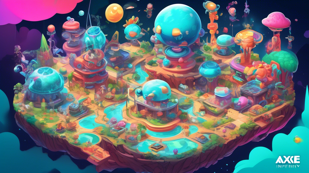 Prompt: Create an image depicting the vibrant and dynamic ecosystem of Axie Infinity projects in 2023. Showcase the latest trends and innovations, highlighting unique features like gameplay enhancements and community engagement strategies. Include visual elements that represent the integration of non-fungible tokens (NFTs) within the game, illustrating how these NFTs create unique and immersive gaming experiences. Additionally, depict symbolic representations of partnerships and collaborations that are fueling growth and innovation within the Axie Infinity community, set against a backdrop of a futuristic digital world.