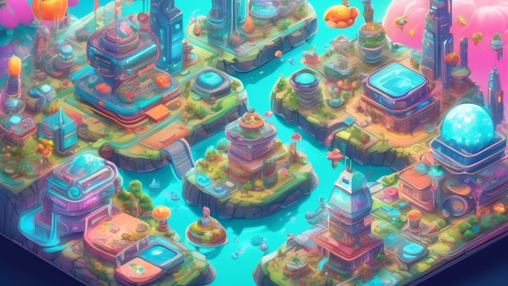 Create an image depicting a futuristic gaming landscape, inspired by Axie Infinity projects. Show a vibrant, digital cityscape with towering holographic displays showcasing various Axie creatures in action. Incorporate elements of blockchain technology visibly integrated into the environment, such as streams of flowing data linking the structures. Include avatars of diverse players interacting with their Axie companions in augmented reality, hinting at the diversity and global reach of the game. Introduce a palette of futuristic LED colors with a focus on blue and green hues to emphasize the technological advancement predicted to shape the future of gaming.