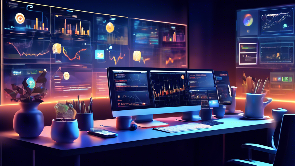 Create an image that illustrates a modern digital workspace for cryptocurrency trading. The scene should include multiple computer screens displaying complex charts, technical analysis tools, and cryptocurrency news feeds. Include visual elements like a smartphone with a crypto trading app open, notebooks with handwritten strategies, and a cup of coffee to emphasize a focused and dynamic trading environment. Incorporate various cryptocurrency symbols and logos subtly in the background. Highlight the theme of diversifying through multiple brokers by showing icons or tabs related to different broker platforms. The overall atmosphere should convey a sense of innovation, strategy, and up-to-date market engagement.