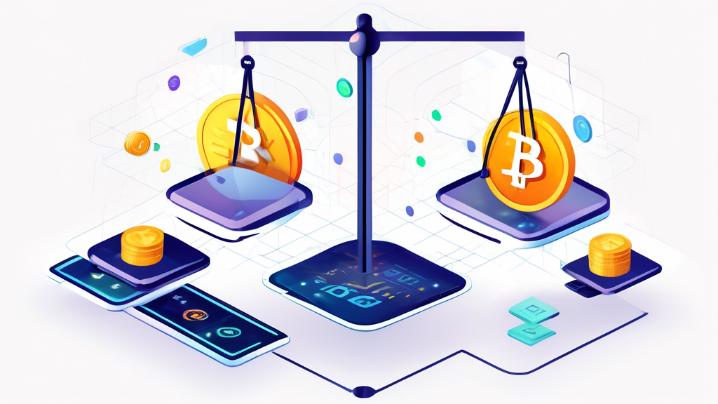 Create a digital illustration that depicts a balance scale with two platforms on either side. On one side, a polished, user-friendly cryptocurrency exchange platform is showcased, with features like excellent customer service and diverse payment options represented as icons or symbols. On the other side, a more technically advanced platform suited for experienced traders is displayed, featuring complex charts and trading tools. The scale should be balanced, symbolizing the pros and cons of each type of platform, with a backdrop of various cryptocurrency symbols like Bitcoin, Ethereum, and Litecoin floating around. The overall theme should evoke a sense of careful consideration in choosing the right platform for cryptocurrency exchange.